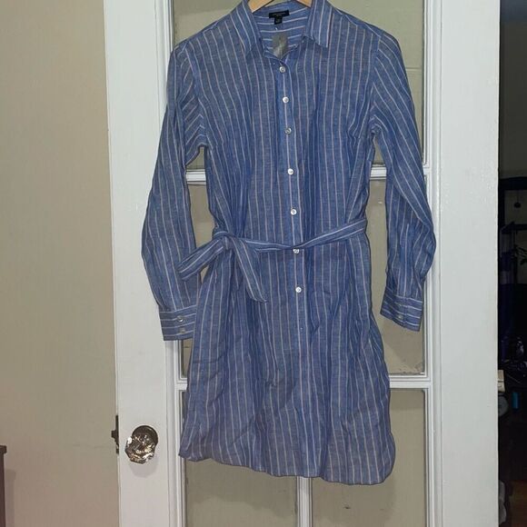 New Ann Taylor petite pin strip linen long sleeve button down shirt dress size S - Picture 1 of 13